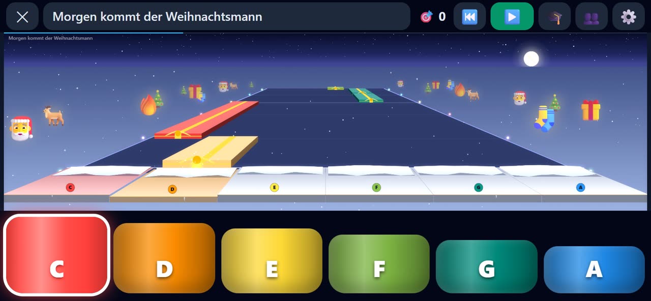 Mitspielen im Querformat: Geschenke fliegen auf die Tasten zu, unten große farbige Röhren