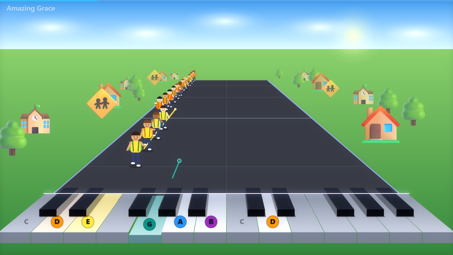 3D-Schulweg mit Kindern, die auf die Klaviatur zulaufen